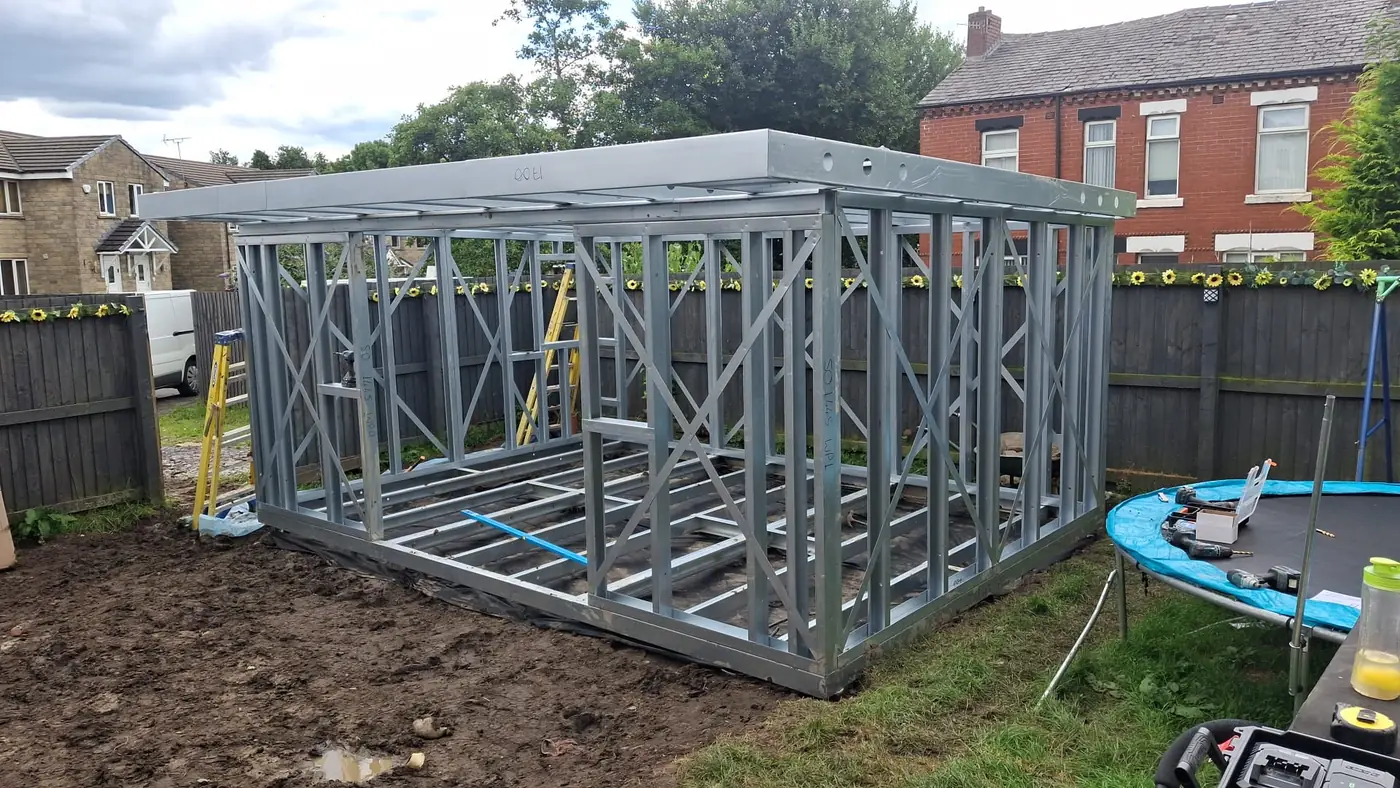 Forti Nova light gauge steel garden room frame with wall bracing and roof cassette installed